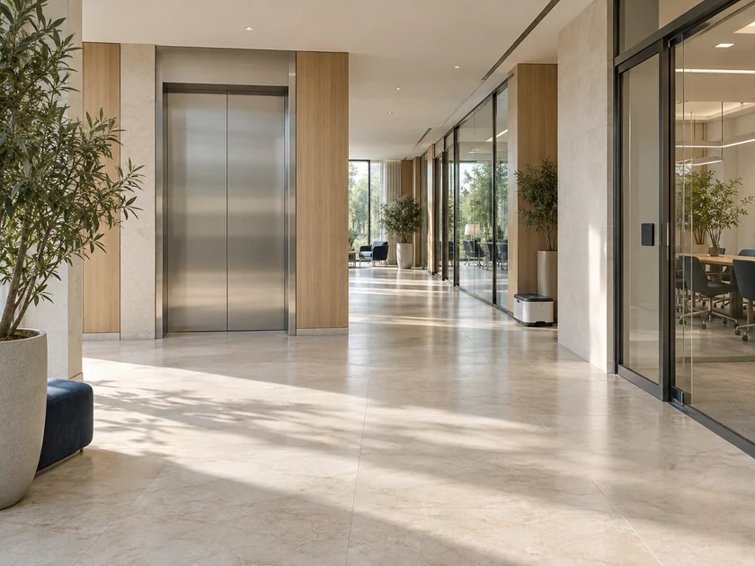 A clear office corridor with an elevator and glass doorways.