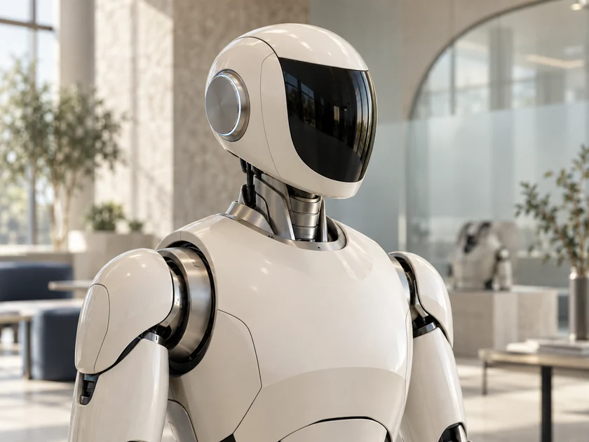 Close-up of a humanoid platform showing joints and sensors.