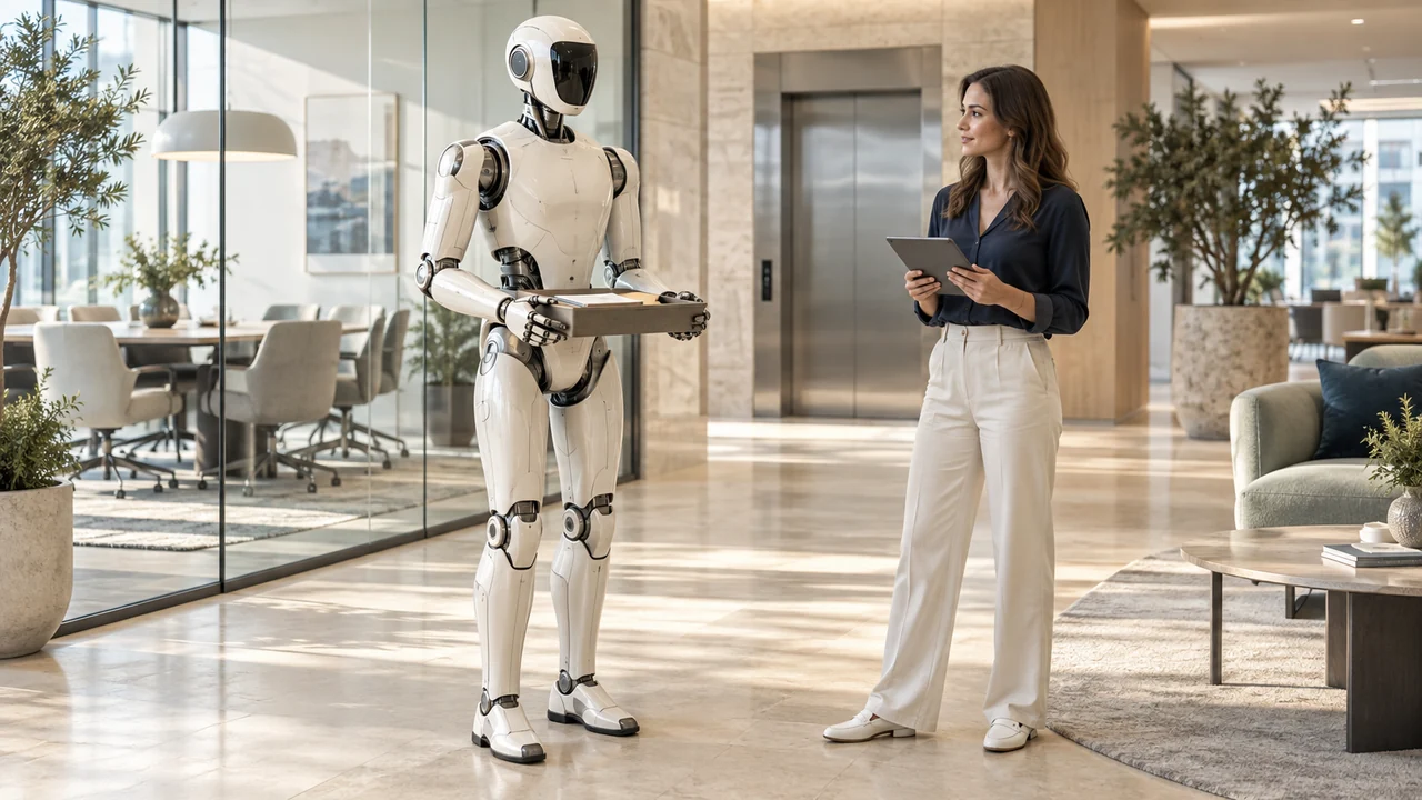 A humanoid carrying a document tray and an engineer with a tablet in a modern office beside an elevator.