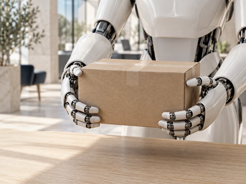 Articulated robot hands handling a small parcel.